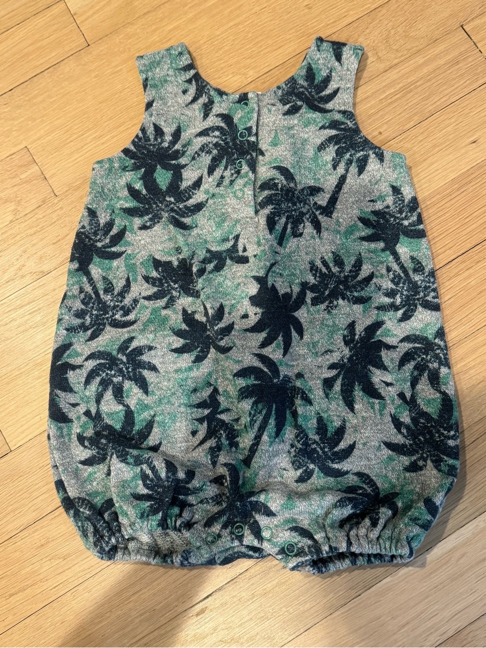 egg by Susan Lazar Baby Romper in Green and Navy Palm Print